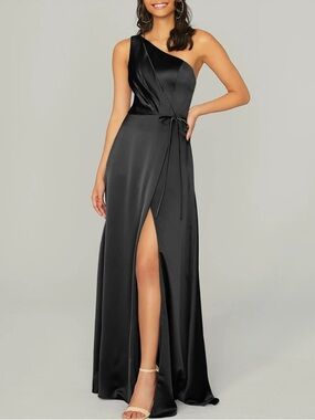 Morilee Madeline Gardner One-Shoulder Black Satin Dress with Tie Waist